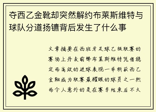 夺西乙金靴却突然解约布莱斯维特与球队分道扬镳背后发生了什么事